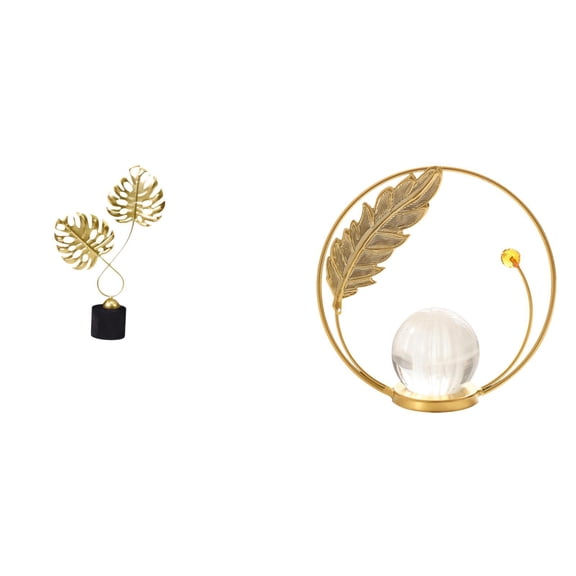 Crystal Ball Leaf Figurine Iron Statue Wooden Base Artistic Decoration for Bedroom Hallway Desk