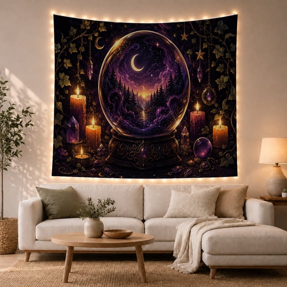 Crystal Ball with Nebula Forest and Candlelight, Mystical Fantasy for Mystical Decor Lovers, Celestial Wall Art, Halloween Gift, Tapestry Wall Hanging for Bedroom and Living Room