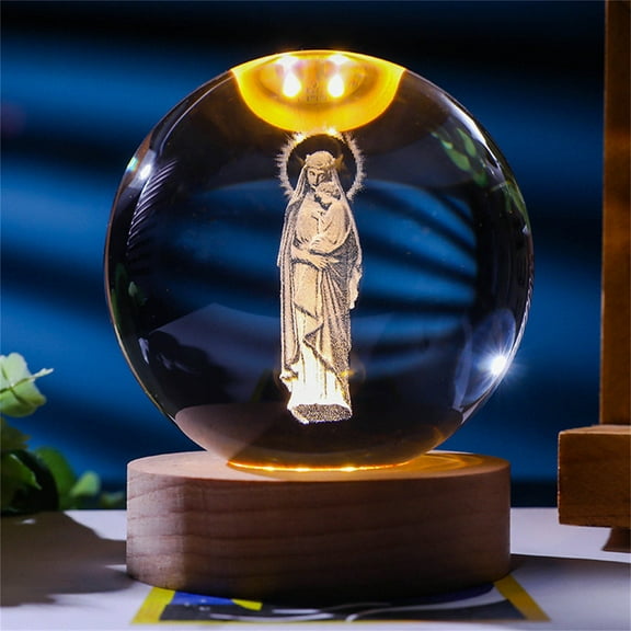 Crystal Ball Night Light LED Color Changing Lamp, Engraved Decorative Glass Lamp with Wooden Base, Ambient Bedside Light for Bedroom Home Decor Religious Gift Use
