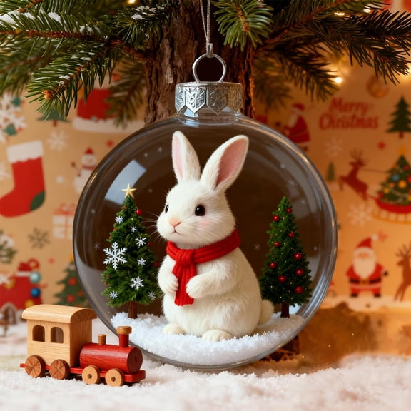 Crystal Ball Ornament - Transparent Plastic Sphere with Mini Winter Scene, Santa Hats & Scarves, Sparkle Pattern, Perfect for Christmas Tree Decor and Gift