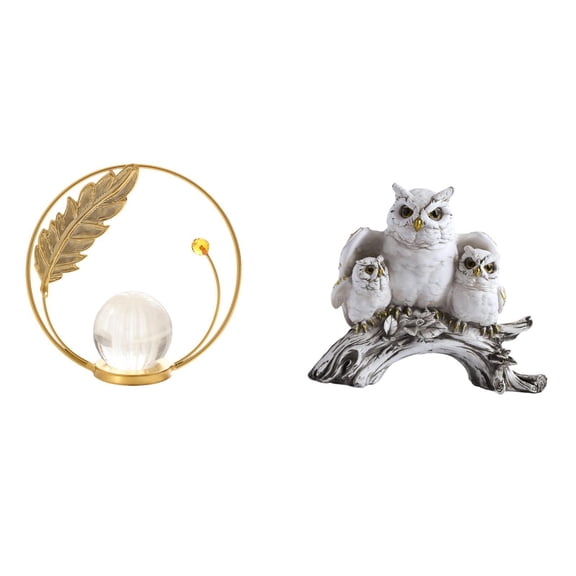 Crystal Ball Sculpture Iron Figurine Owl Statue Stable Base for Bedroom Bookshelf Cabinet Home Decoration