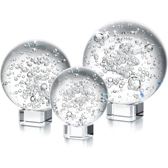 Crystal Ball Set of 3 K9 Bubble Glass Decorative Spheres with Stands