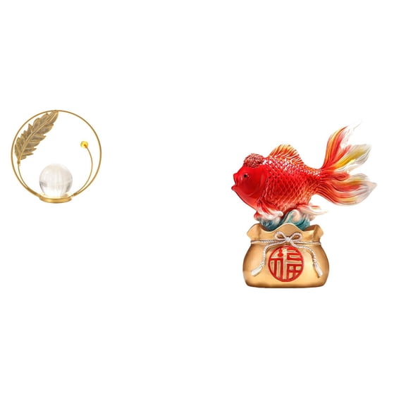 Crystal Ball Statue Iron Figurine Feng Shui Fish Unique Resin Base for Dining Table Living Room Office Desktop Bedroom