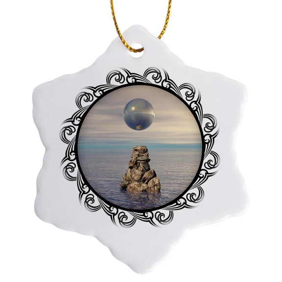 3drose, Crystal Ball Surreal Mysterious Crystal Ball Floating over a Stack of Rocks at Sea, 3 inch Snowflake Porcelain Ornament