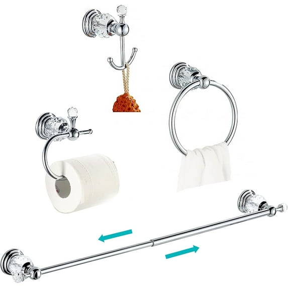 Crystal Bathroom Accessories, Chrome 24 Inch Towel Bar Set Polished Brass Toilet Paper Holder Towel Ring Coat Hooks Bathroom Hardware 4 Pieces Wall Mounted