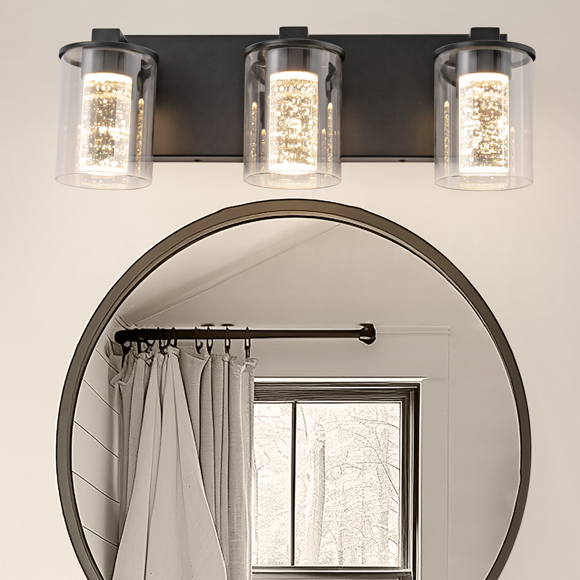 Crystal Bathroom Light Fixtures, Briignite Black Vanity Light Fixture Over Mirror for Bathroom, LED Wall Lighting with Clear Glass Shape
