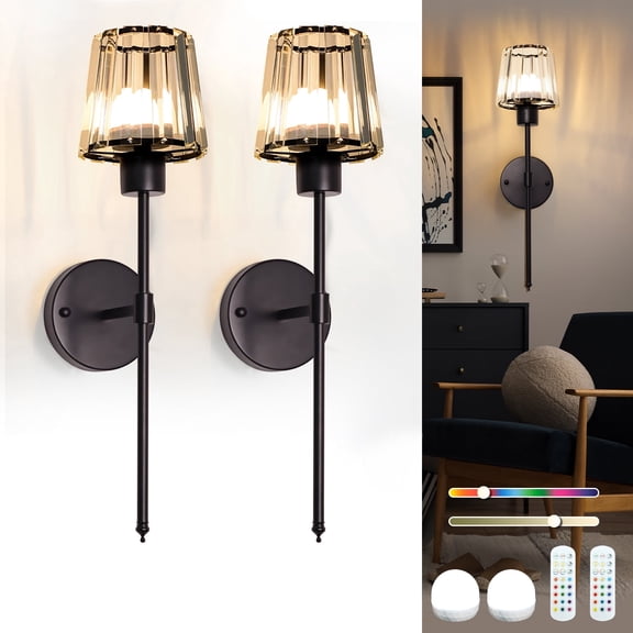 Crystal Battery Operated Wall Sconces Set of 2, Black Rechargeable Wireless Wall Lights with Remote, 13 Colors and RGB Dimmable, Auto Timer Wall Lamps Fixture for Living Room Bedroom RV