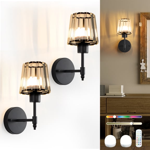 Crystal Battery Operated Wall Sconces Set of 2, Gold Rechargeable Wireless Wall Lights with Remote, 13 Colors and RGB Dimmable, Auto Timer Wall Lamps Fixture for Living Room Bedroom RV