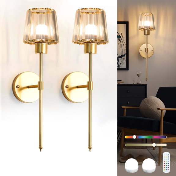 Crystal Battery Operated Wall Sconces Set of 2, Gold Rechargeable Wireless Wall Lights with Remote, 13 Colors and RGB Dimmable, Auto Timer Wall Lamps Fixture for Living Room Bedroom RV