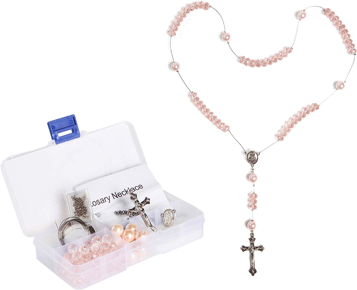 Crystal Bead Box Rosary Necklace DIY Kit, Rhodochrosite