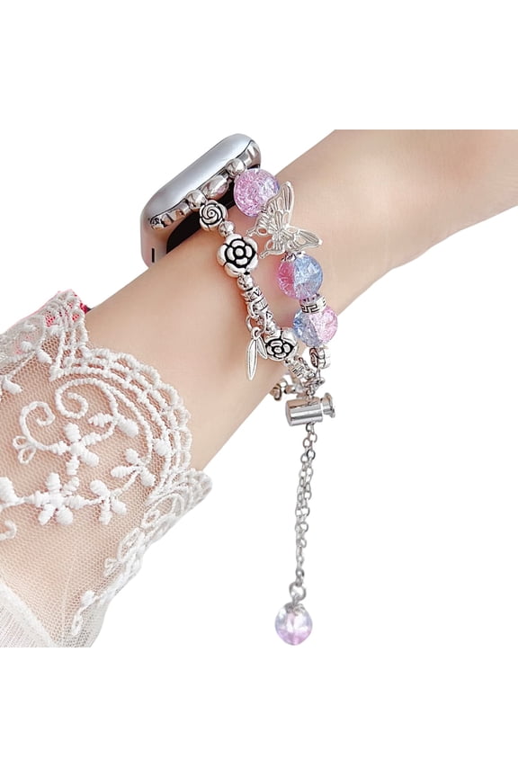 Crystal Bead Watch Band for Apple Watch 49 46 45 44 42 41 40 38 mm, Dual Chain Butterfly & Floral Charm Bracelet Strap with Adjustable Clasp Compatible with iWatch Series 10 9 8 7 6 5 4 3 2 SE Ultra