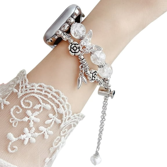 Crystal Bead Watch Band for Apple Watch 49 46 45 44 42 41 40 38 mm, Dual Chain Butterfly & Floral Charm Bracelet Strap with Adjustable Clasp Compatible with iWatch Series 10 9 8 7 6 5 4 3 2 SE Ultra