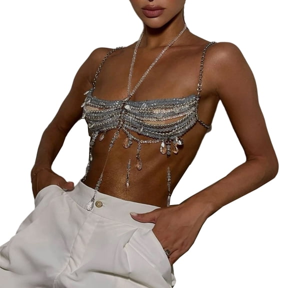Crystal Beaded Harness Halterneck Body Chain Adjustable Length Body Jewelry Top For Nightclub Raves And Special Event