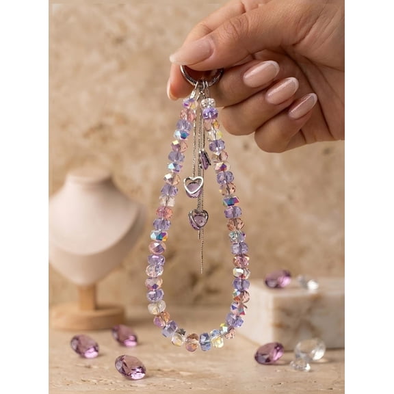 Heart Crystal Beaded Phone Charm, Bag Charm & Keychain with Metal Tab, Purple Pink