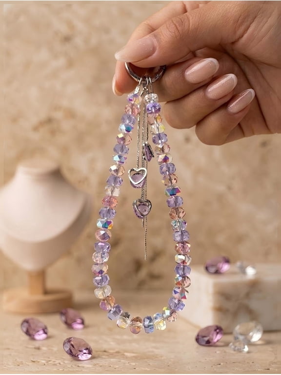 Heart Crystal Beaded Phone Charm, Bag Charm & Keychain with Metal Tab, Purple Pink