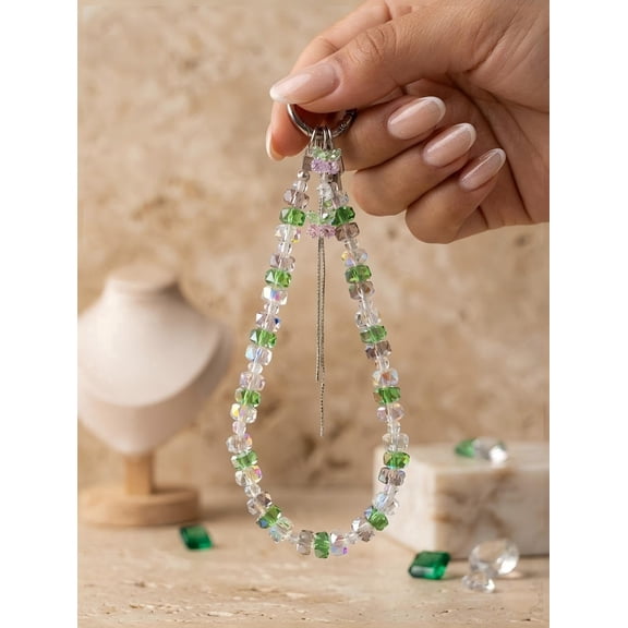 Butterfly Crystal Beaded Phone Charm Wristlet with Metal Tab, Bag Charm, Green Pink