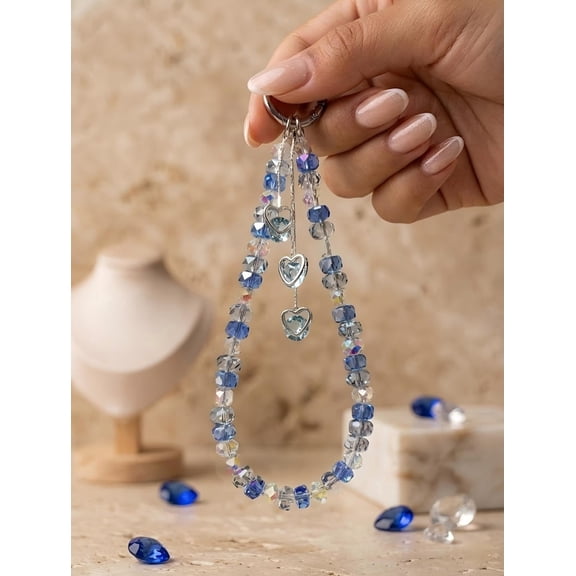 Heart Crystal Beaded Phone Charm Wristlet with Metal Tab, Bag Charm, Ocean Blue