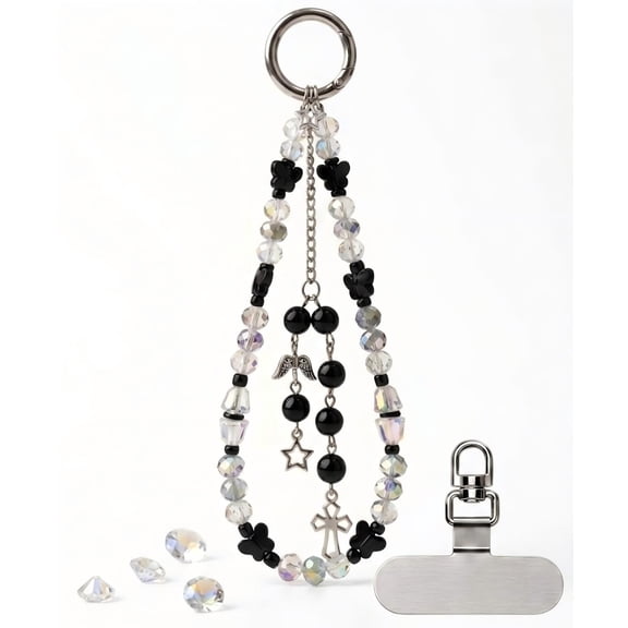 Crystal Beaded Phone Charm Wristlet with Metal Tab, Y2K Cross Star Bag Charm, Black Clear
