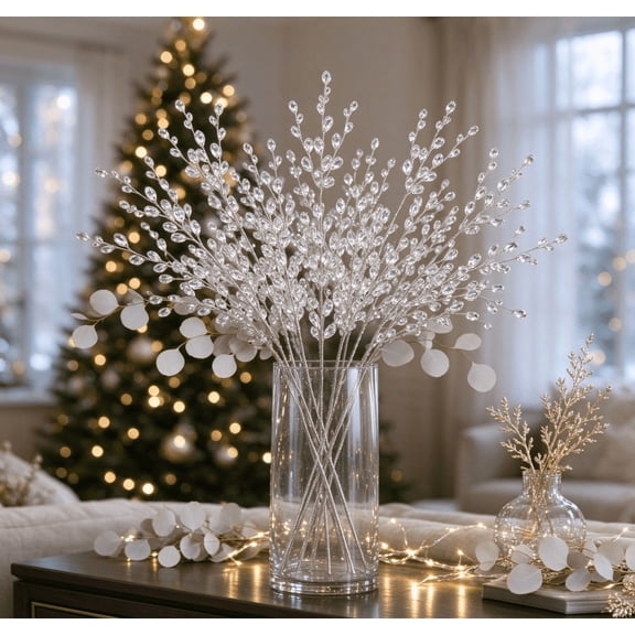 Crystal Berry Picks, Clear Acrylic Bead Sprays, Silver Wired Branch Stems, Christmas Tree Ornaments for Wedding, Holiday Wreath, Vase Floral Arrangement Home Decor