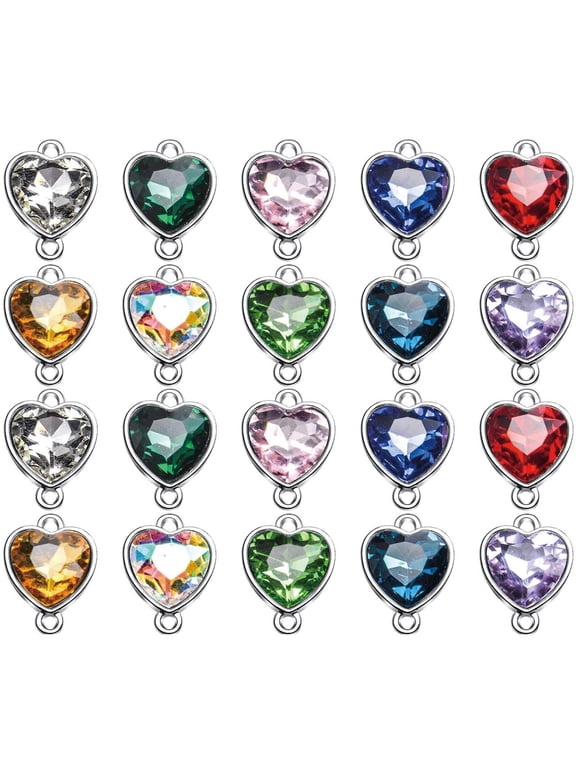 Crystal Birthstone Pendants, 20pcs Mixed Colors Heart Crystal Birthstone Charms Glass Gemstone Pendants Flat Round Glass Links Charms with Double Loop Bail Connectors for Jewelry Making