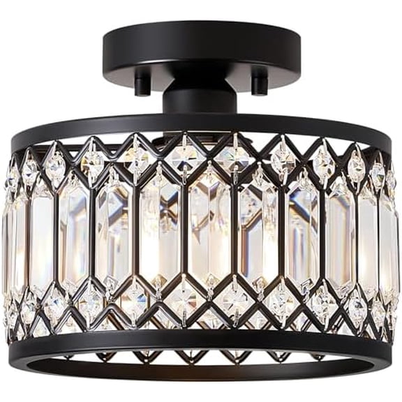 Crystal Black Ceiling Light, Modern Semi Flush Mount Ceiling Lighting Fixture, Round Hallway Lighting Fixtures for Kitchen Entryway Bedroom Laundry Room, 1-Light, 9 Inch