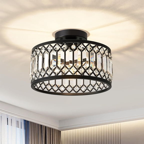 Crystal Black Ceiling Light, Modern Semi Flush Mount Ceiling Lighting Fixture, Round Hallway Lighting Fixtures for Kitchen Entryway Bedroom Laundry Room, 1-Light,