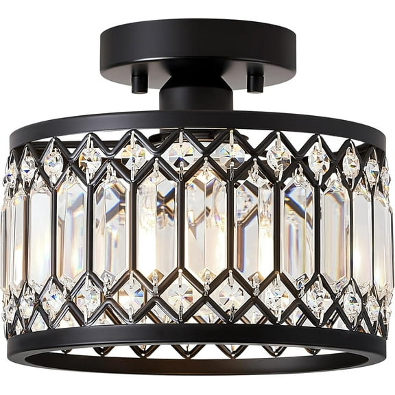 Crystal Black Ceiling Light, Modern Semi Flush Mount Lighting Fixture, Round Hallway Fixtures for Kitchen Entryway Bedroom Laundry Room, 1-Light, 9 Inch