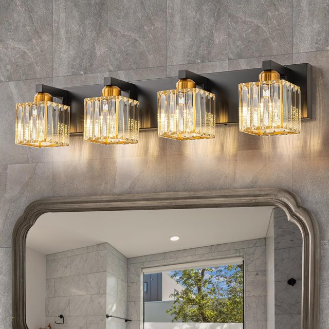 Crystal Black Gold Bathroom Vanity Light, 4Lights Bathroom Lighting