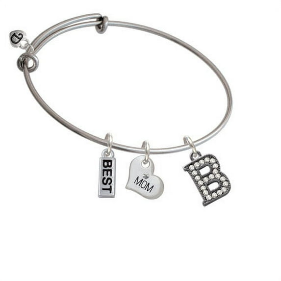 Crystal Black Initial - B - Beaded Border - Mom Heart Expandable Bangle Bracelet