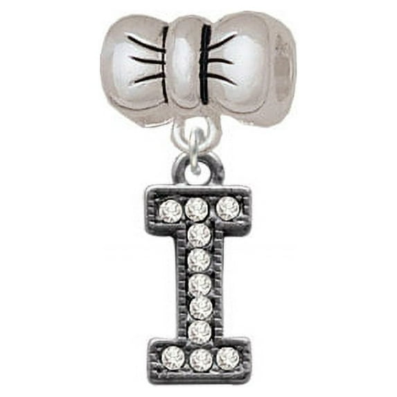 Crystal Black Initial - I - Beaded Border - Bow Charm Bead