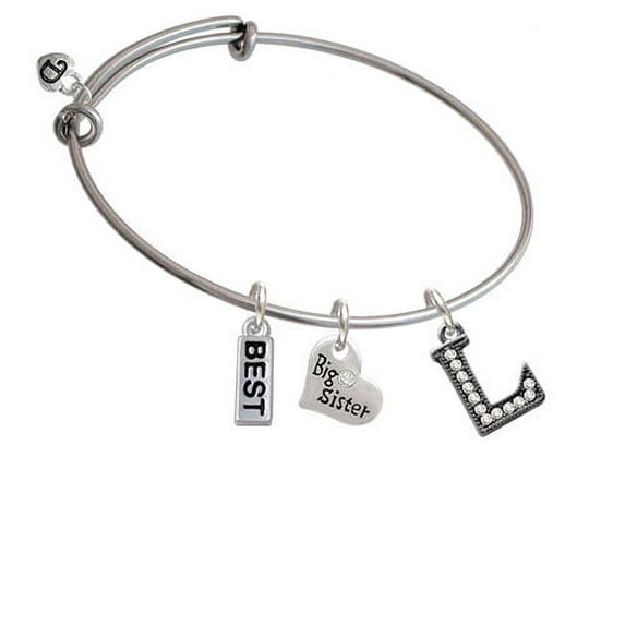 Crystal Black Initial - L - Beaded Border - Big Sister Heart Expandable Bangle Bracelet