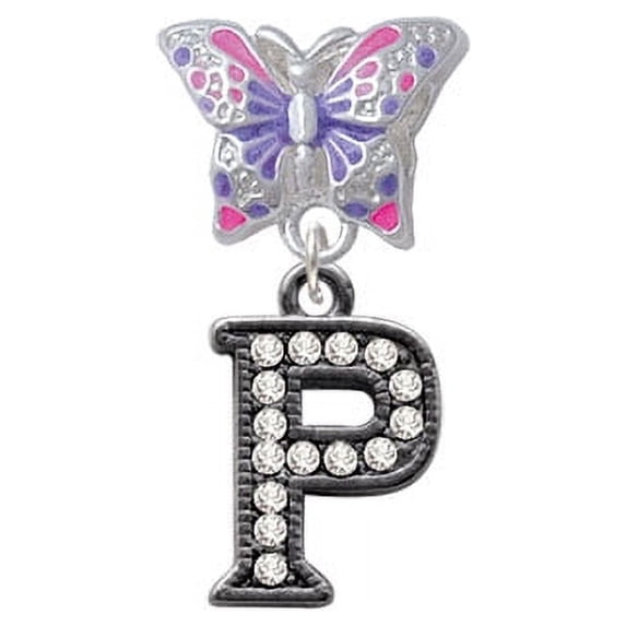 Crystal Black Initial - P - Beaded Border - Butterfly Charm Bead