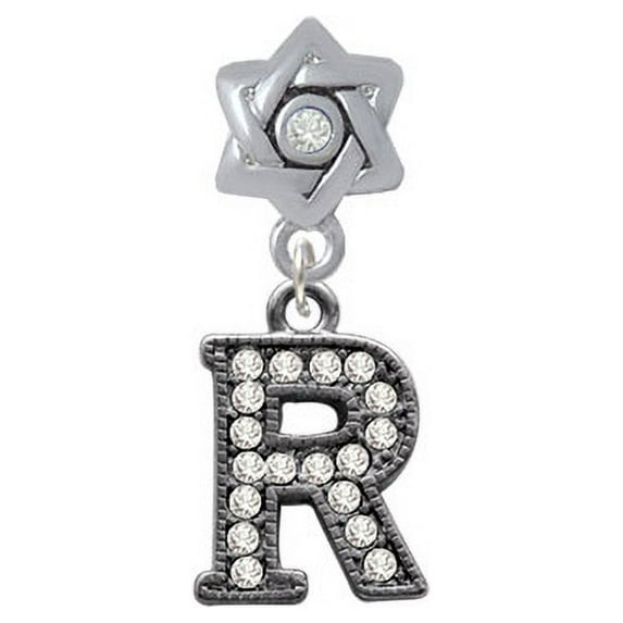 Crystal Black Initial - R - Beaded Border - Star of David with Clear Crystal Charm Bead