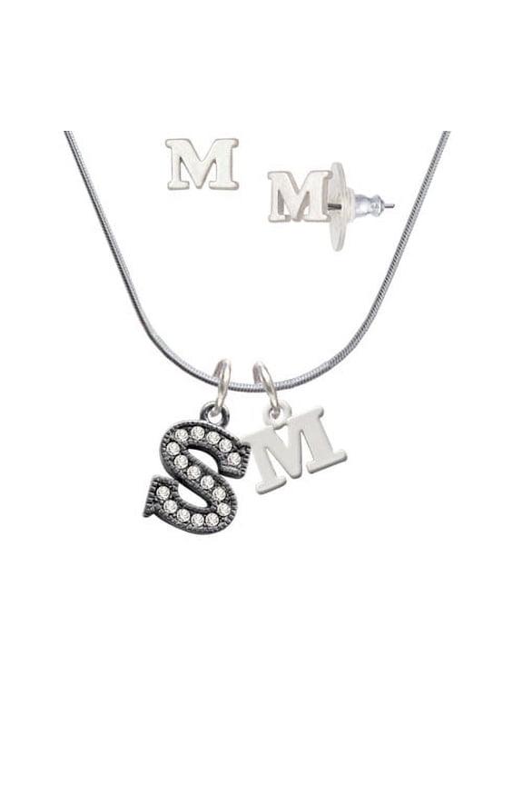 Crystal Black Initial - S - Beaded Border - - M Initial Charm Necklace and Stud Earrings Jewelry Set
