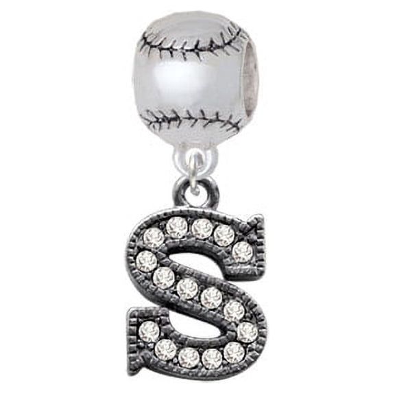 Crystal Black Initial - S - Beaded Border - Softball Charm Bead