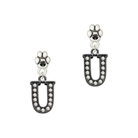Crystal Black Initial - U - Beaded Border - Black Crystal Paw Earrings