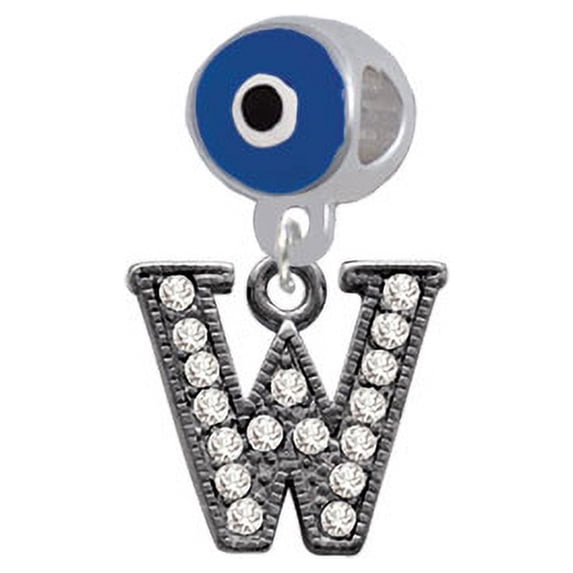Crystal Black Initial - W - Beaded Border - Blue Evil Eye Charm Bead