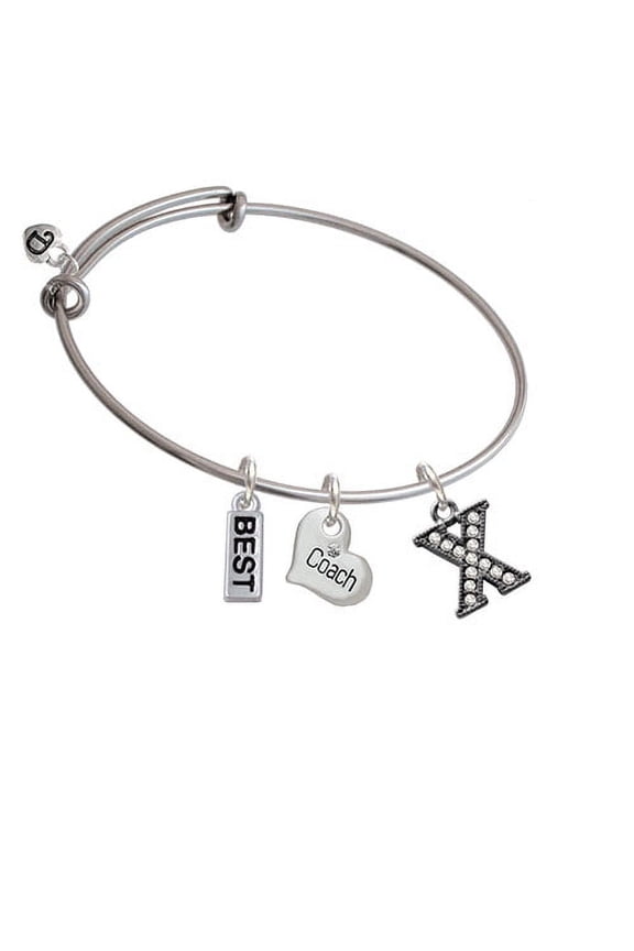Crystal Black Initial - X - Beaded Border - Coach Heart Expandable Bangle Bracelet