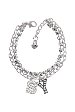 Crystal Black Initial - Y - Beaded Border -S- Double Strand Madison Charm Bracelet
