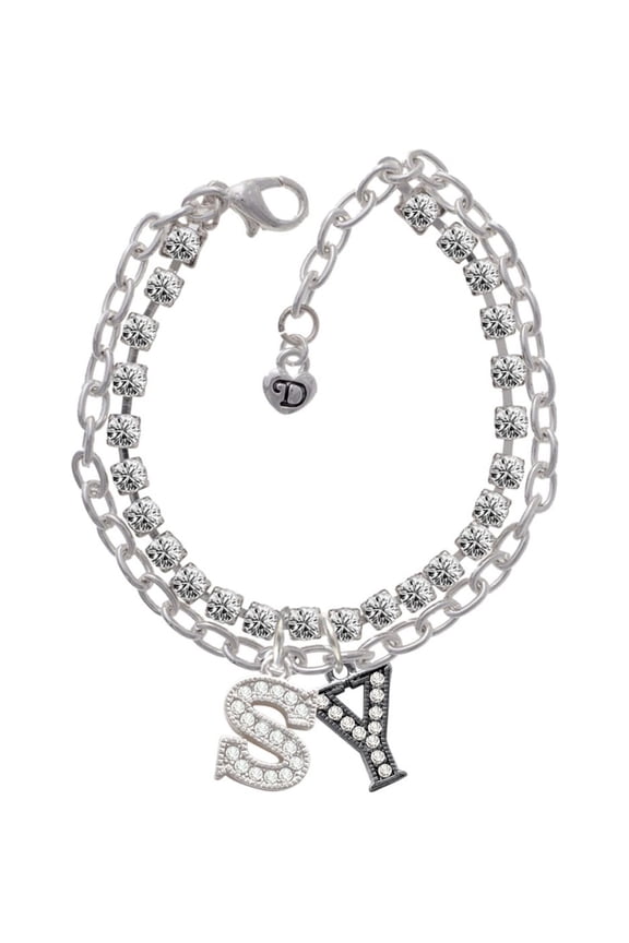 Crystal Black Initial - Y - Beaded Border -S- Double Strand Madison Charm Bracelet