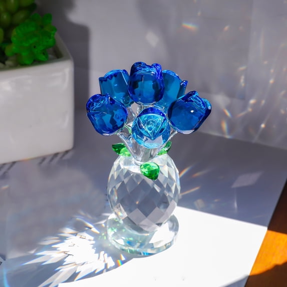 Crystal Blue Rose Flower Glass Flowers Decoration Birthday Gifts for Women Girl Wife Girlfriend Daughter Christmas Ornament Bouquet Collectible for Valentine's Day Wedding Anniversary (Blue Rose)