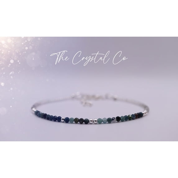 Crystal Blue Tourmaline 2mm Round Shape Faceted Cut Beads 7 inch Adjustable Silver Plated Clasp Bracelet for men, women, unisex. Link Chain Stacking Bracelet.|LINK_02297