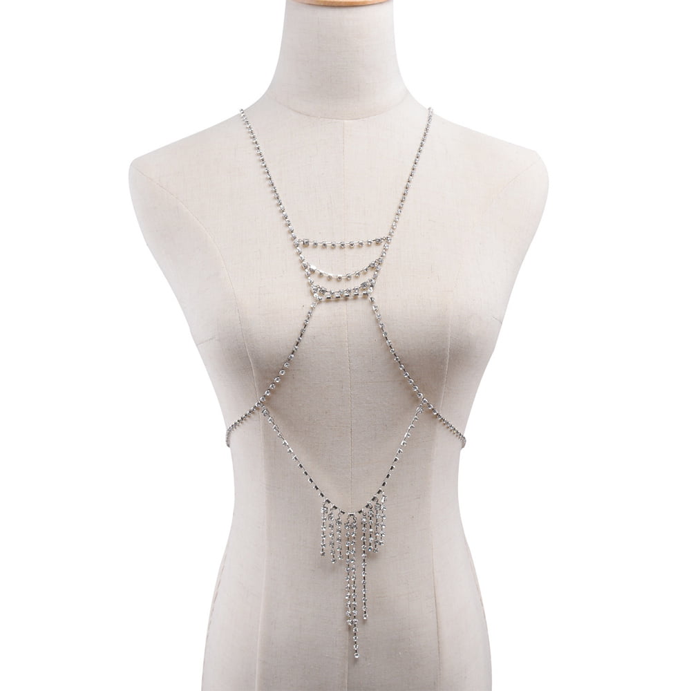 Crystal Body Chain Bra Chest Chain Harness Body Jewelry for Women and Girls  - silver 
