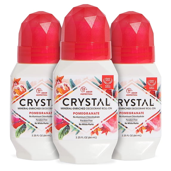 Crystal Body Mineral-Enriched Deodorant Roll-On, Unisex, Pomegranate, 2.25 fl oz(Pack of 3)