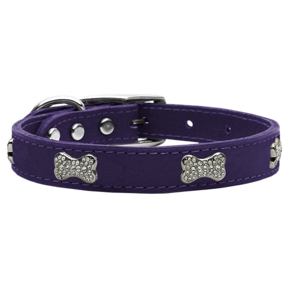 Crystal Bone Genuine Leather Dog Collar Purple 20