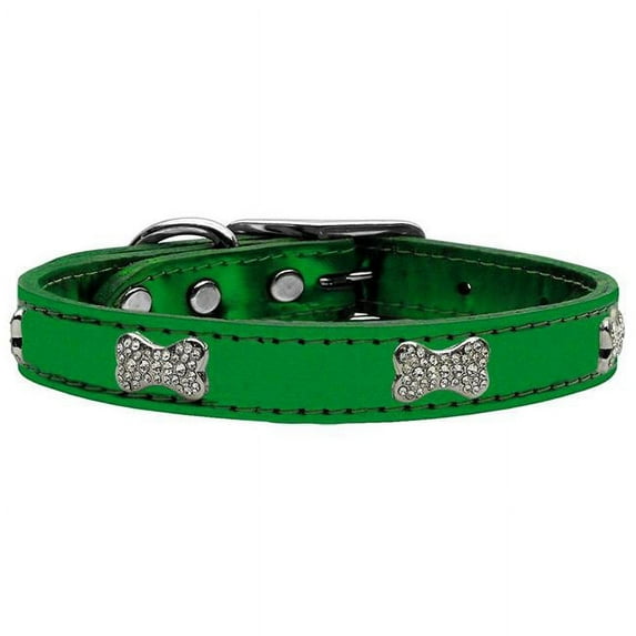 Crystal Bone Genuine Metallic Leather Dog Collar, Emerald Green - Size 2