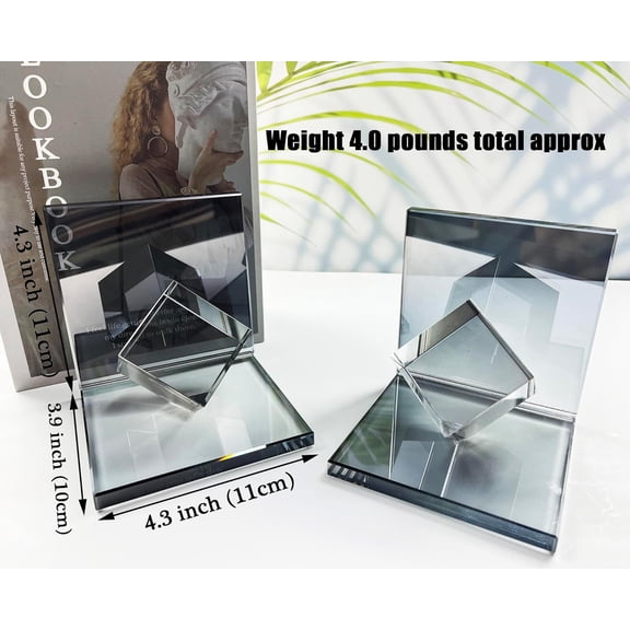 Crystal Bookends Decorative Glass Book Holders Heavy Duty Book Ends with Cube for Shelf Decor Book Stopper Gray