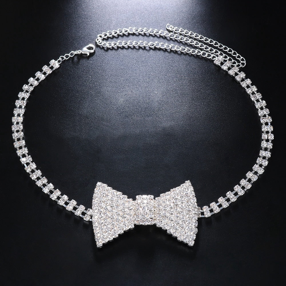 Crystal Bow Tie Necklace Choker Collar Chain Lady Rhinestone