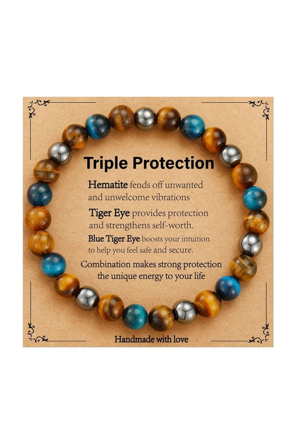 Crystal Bracelet Gifts for Men Him- Triple Protection Hematite Black Obsidian Tiger Eye Gemstone Beaded Bracelets Birthday Healing Jewelry Gifts
