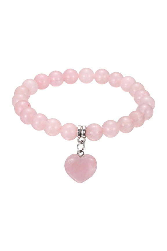 Crystal Bracelet for Women 8mm Natural Gemstone Heart Beaded Friendship Bracelet, 6.5Inch, Pink